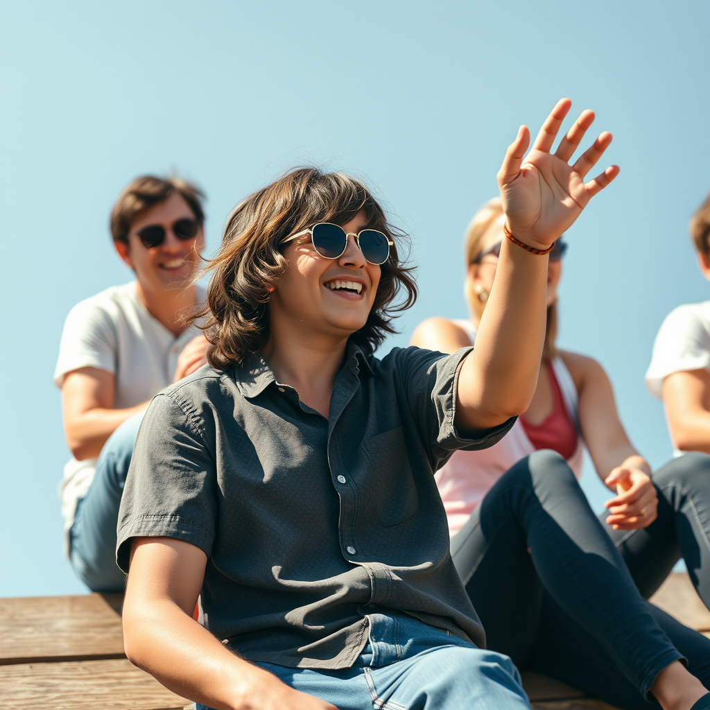 The Lennon-like figure enjoying spontaneous activities with friends.