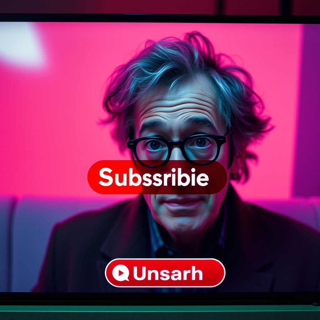 The Subscribe button is on the screen next to a man who looks like Woody Allen.