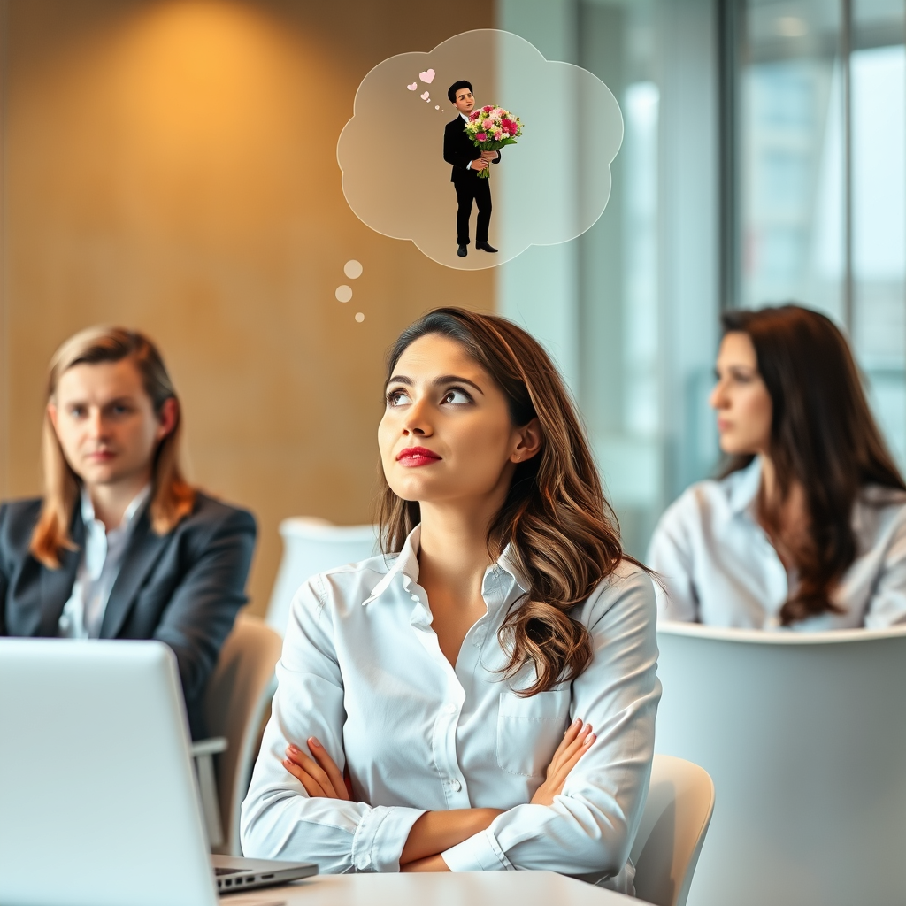 A woman is sitting in a modern office at a meeting with colleagues. She looks distracted and dreamy, imagining a romantic lover with a bouquet of flowers. Above her head floats a transparent, dreamy image of a charming man holding a bouquet, symbolizing her daydream. The colleagues are focused on work, while she is lost in her thoughts. The scene is light-hearted and a bit humorous.