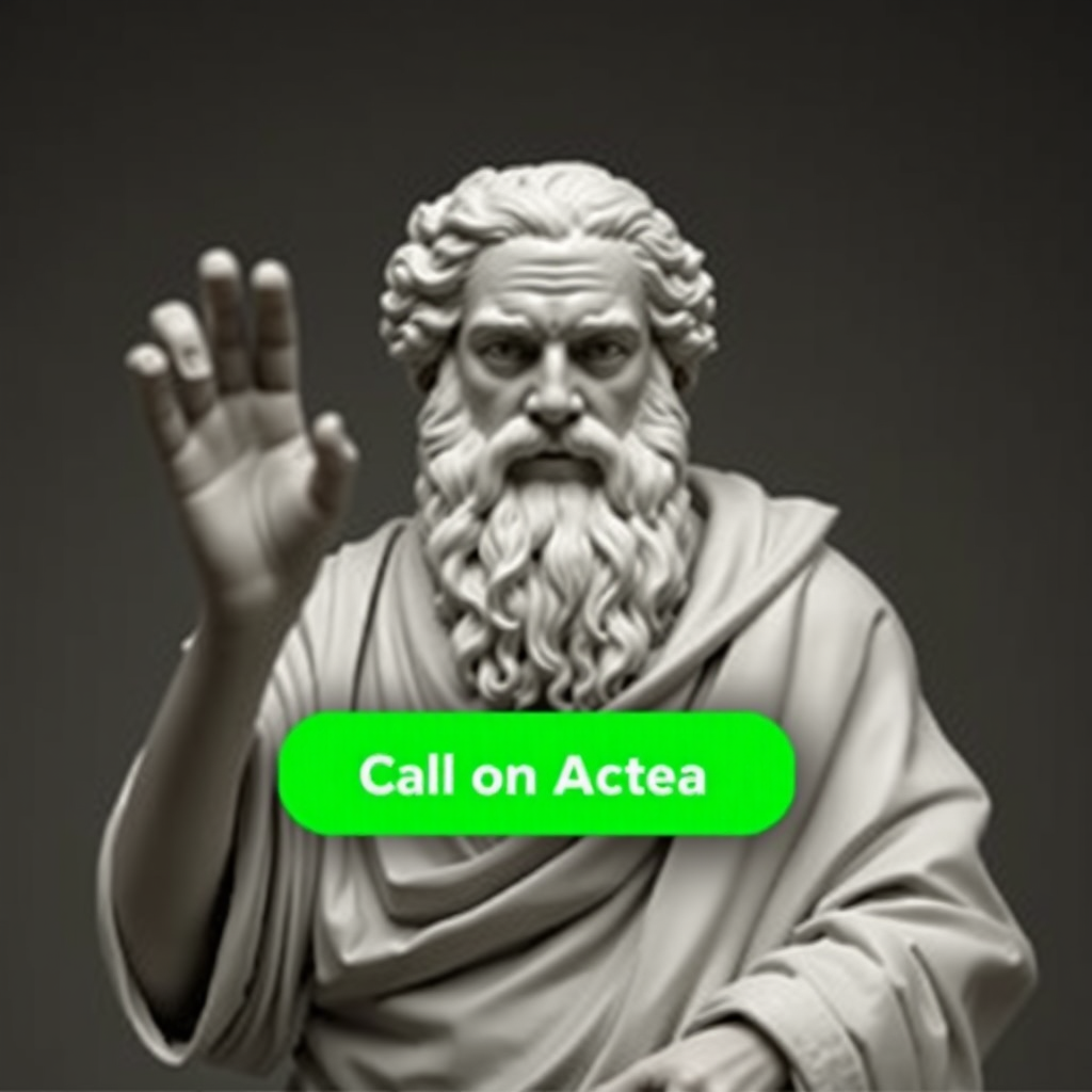 A call-to-action button appearing on the screen near the Socrates-like figure.
