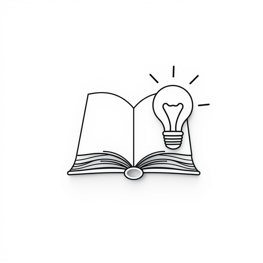 Draw a book icon or a light bulb symbolizing learning and innovation on a white background in black and white. Draw a book icon or a light bulb symbolizing learning and innovation on a white background in black and white.
