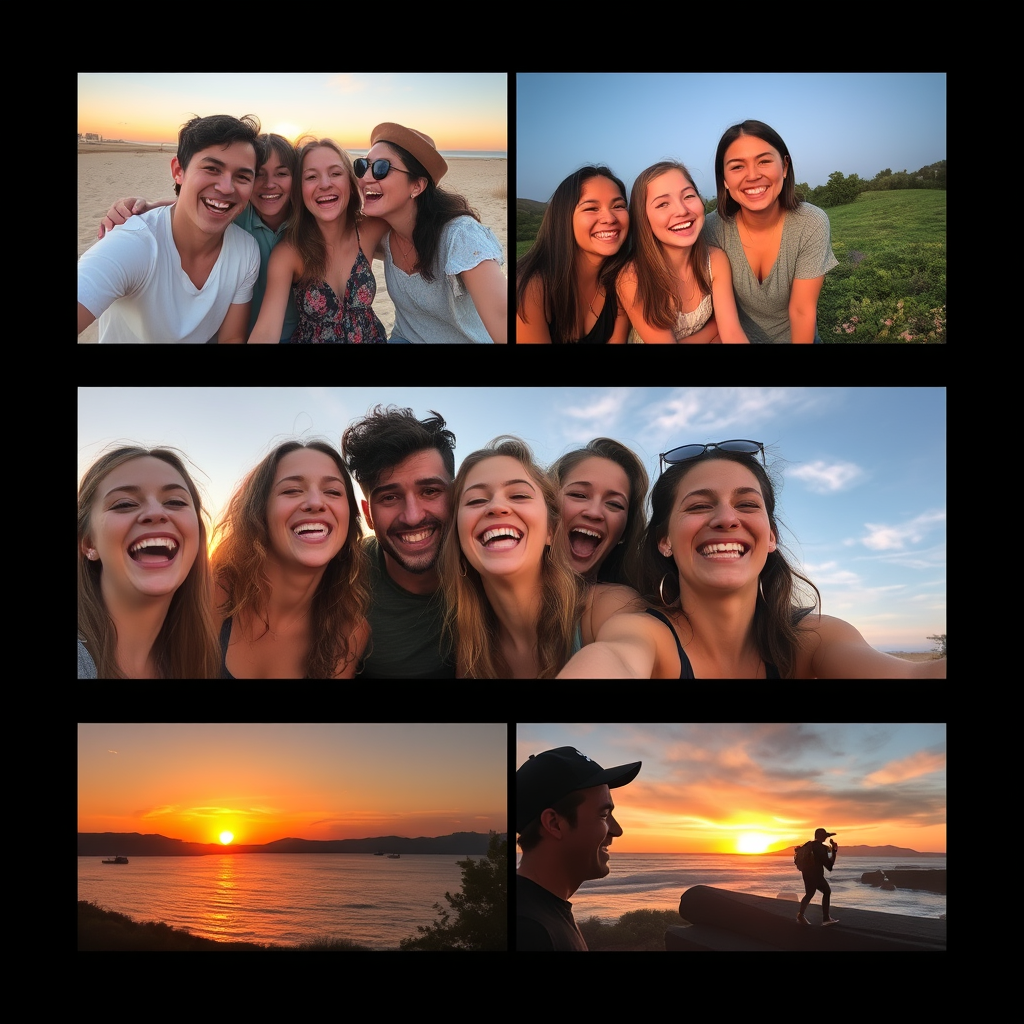 A montage of joyful moments: friends laughing, sunsets, and adventures.