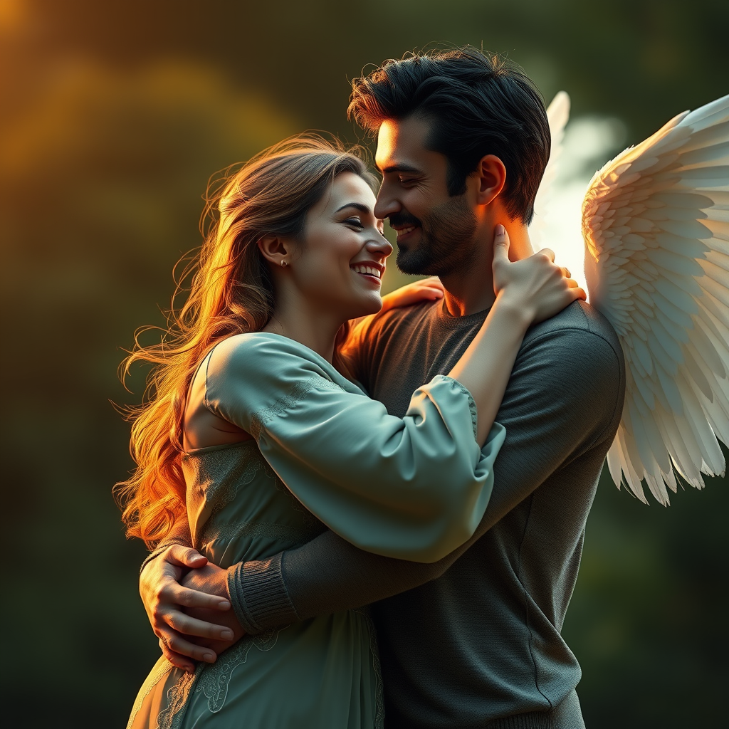 A grown woman finally has a man she loves. She cherishes and nurtures him, flying in bliss on the wings of happiness. People shouldn't merge into one. Two people of different sexes. The picture shows a man and a woman.