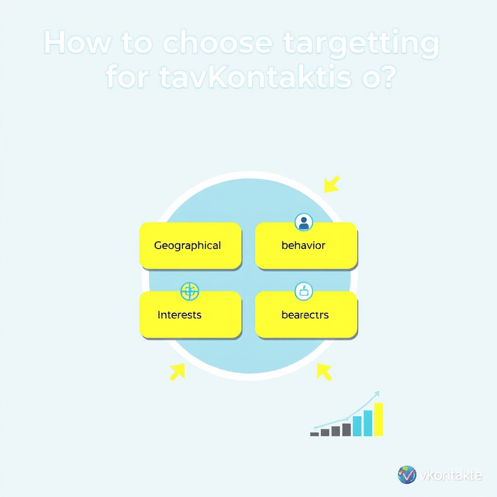 Create a bright and informative illustration on the topic "How to choose targeting for advertising on VKontakte". At the top, place the title: "How to choose targeting for advertising on VKontakte?" in a modern font. In the center of the image, highlight four sections:
Geographical targeting.
Demographic data.
Interests and behavior.
User segments.
The background should be bright, with VKontakte colors (blue and white tones). Add arrows and graphs for visualization.