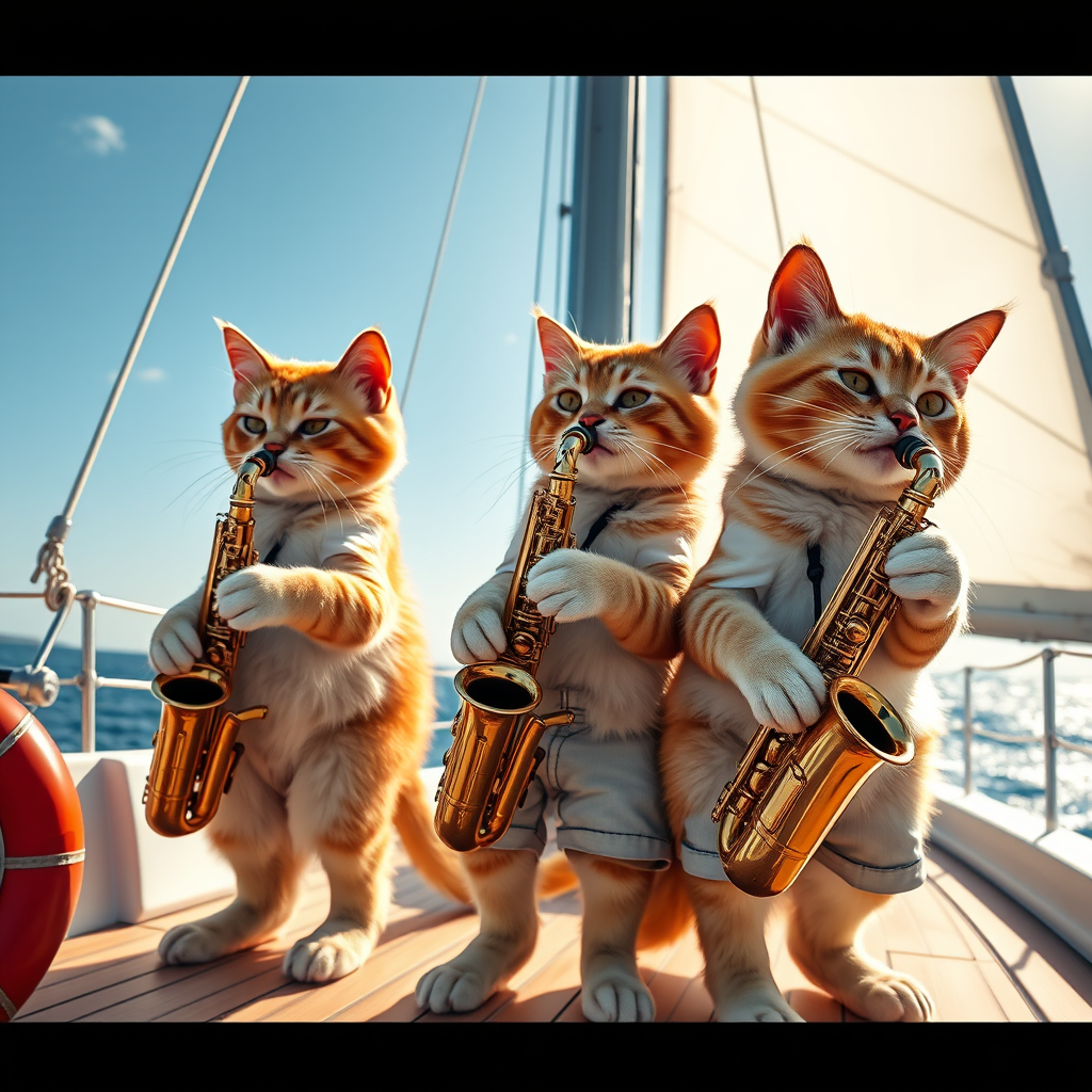 high-res stock photo of three sulfur cats playing saxophones, wearing shorts and smiling, on the deck of a yacht, with a mast and white sails in the background, wind blowing into the sails, sunny day, light from the right, commercial, professional quality high-res stock photo of three sulfur cats playing saxophones, wearing shorts and smiling, on the deck of a yacht, with a mast and white sails in the background, wind blowing into the sails, sunny day, light from the right, commercial, professional quality