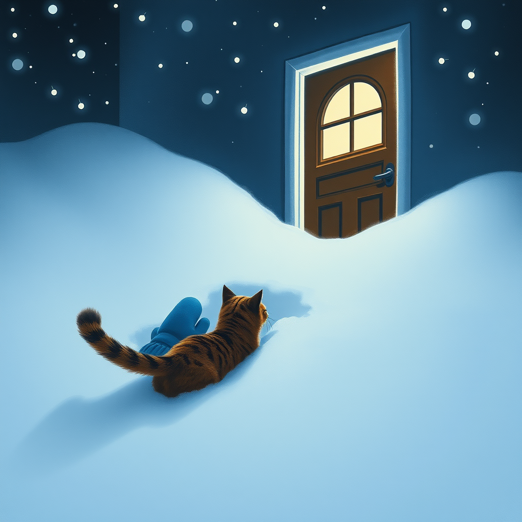 Winter, night, moonlight, star seeds, blue mitten in a snowdrift. The cat swims through the snow towards the entrance. Scratching at the door, upholstered in brown leatherette,