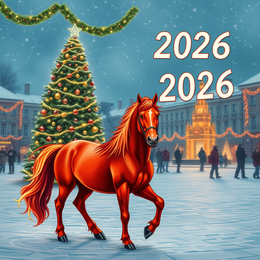 Draw a photorealistic New Year's picture with one decorated tree and garlands. The numbers 2026 are written exactly in the upper right corner. In the foreground is a fiery red horse with four legs, one head, one tail, and no bridle or saddle. Keep in mind that the action takes place in the evening on a snowy square.
