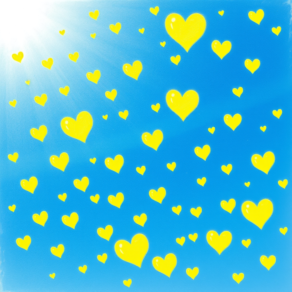 The sky is blue, with many hearts, yellow, scattered across the sky. The sky is blue, with many hearts, yellow, scattered across the sky.
