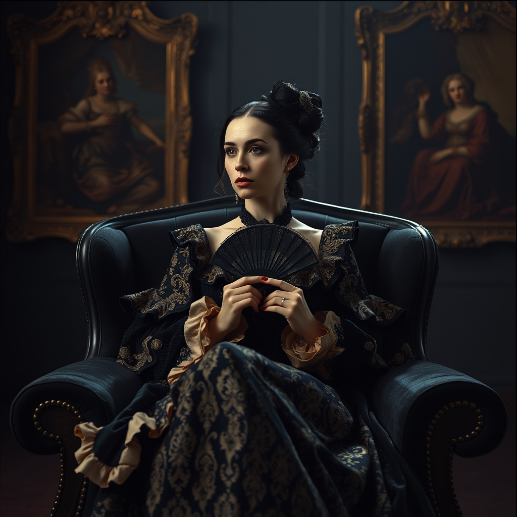 Preserve identity. Majestic, cinematic portrait in the dramatic style of the Baroque era. Pose: sitting regally on a dark velvet armchair, hands holding a small ornate fan, thoughtful look. Outfit: lavish black and gold brocade gown with ruffles and elaborate embroidery. Dark moody studio background with blurry ancient paintings. Intense high-contrast Caravaggio-style lighting, dramatic shadows (chiaroscuro). Noticeable film grain, Leica M10.