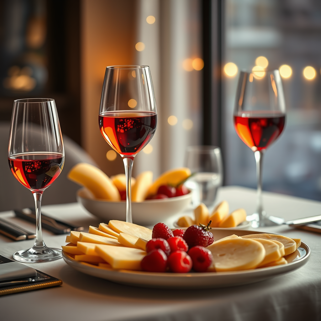Table, glasses, beautiful, wine, fruit bowl, cheese slices, New Year,ultra details, 16K
