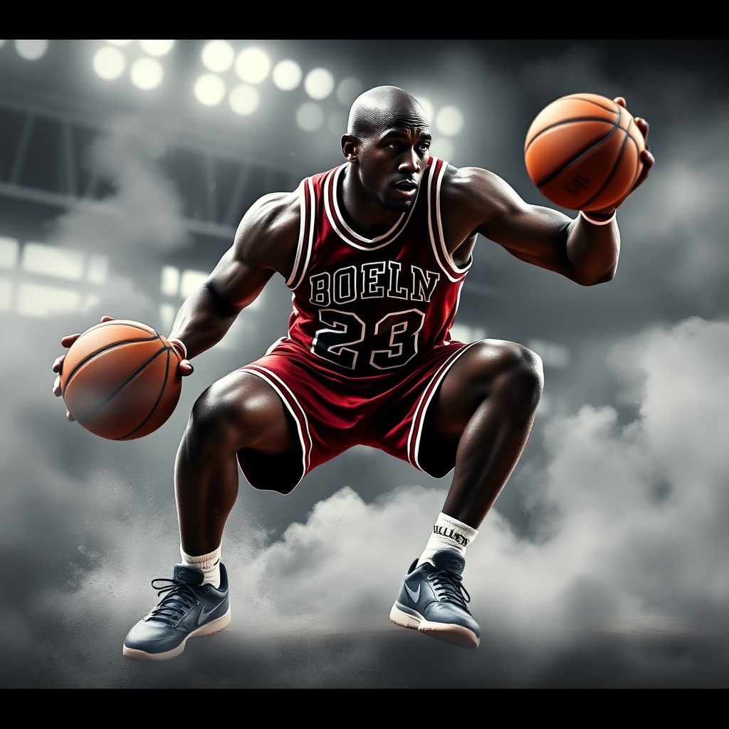 A montage of a man like Michael Jordan, training hard and overcoming obstacles