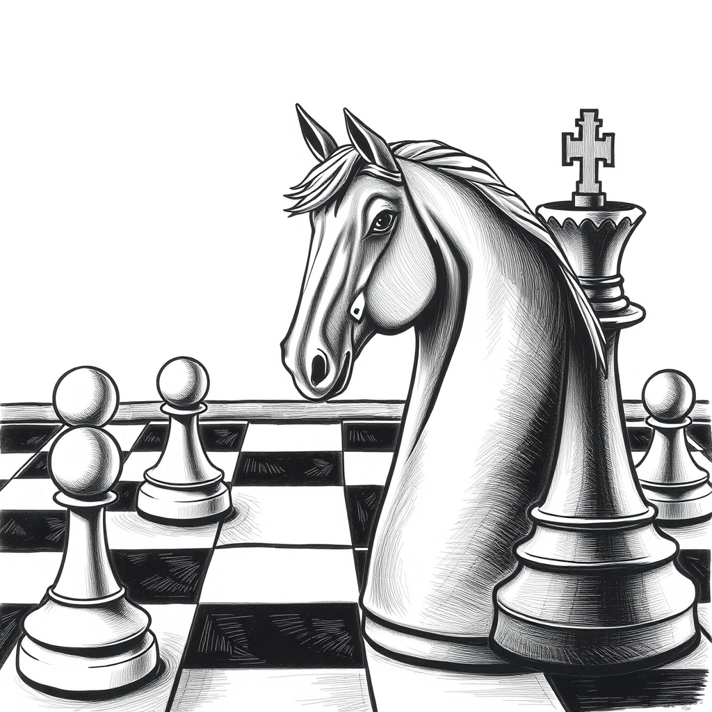 draw a chessboard professionally for a social media cover. black and white. a horse in the foreground