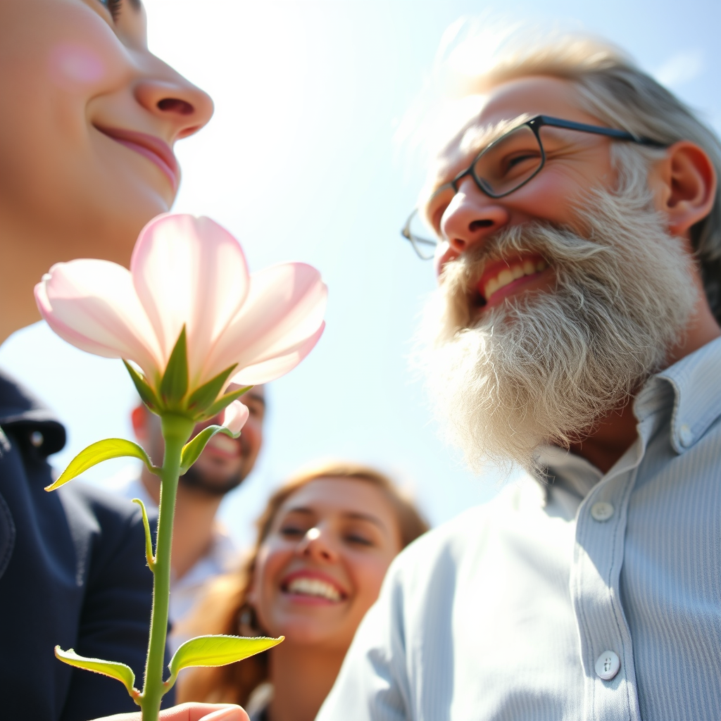 Close-ups of simple pleasures: a blooming flower, a sunny day, laughing friends, against a background with a man who looks like Fyodor Dostoevsky.