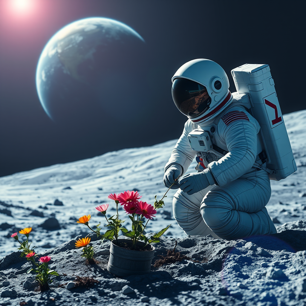 An astronaut planting flowers on the moon, Earth large in the sky, vibrant colors, surreal.