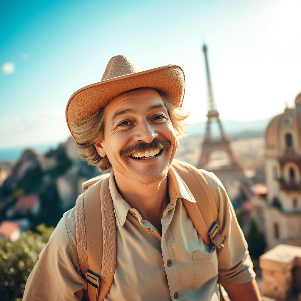 The Twain-like figure joyfully discovering new locations, smiling.