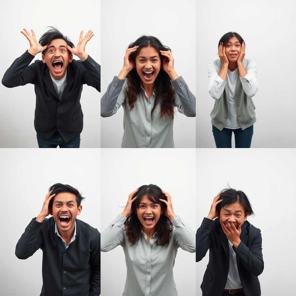 Take the generated photo and create a 3x3 grid, aspect ratio 2:3, same two subjects, different emotions, consistent scene, lighting and outfits. Each photo shows a different strong emotion: laughter, surprise, anger, sadness, fear, joy, disgust, serious, playful.