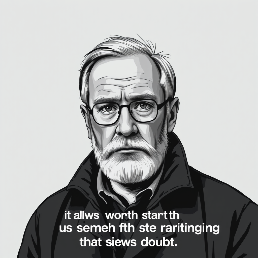 draw a background with an image of a man who looks like Boris Strugatsky and the text of his quote. It's always worth starting with something that sows doubt.