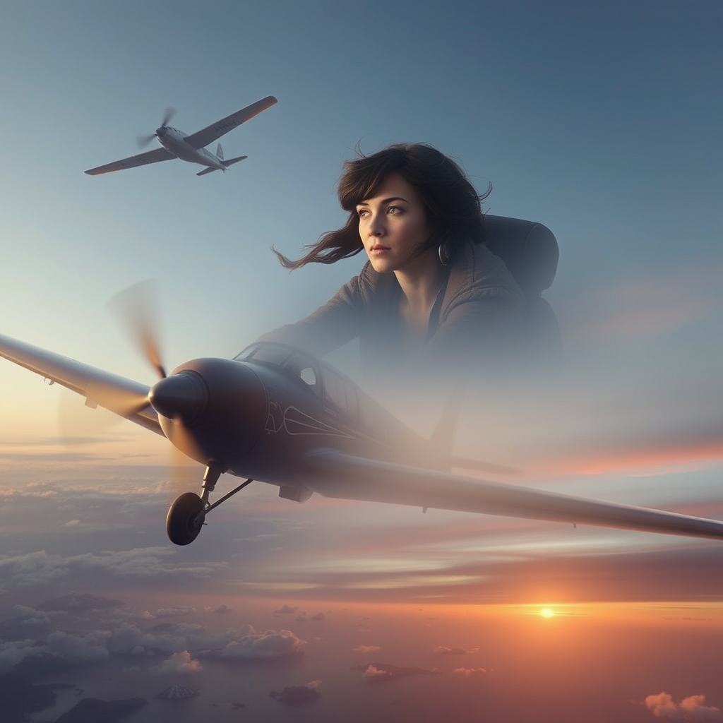 A montage of the Earhart-like figure overcoming obstacles during a flight.