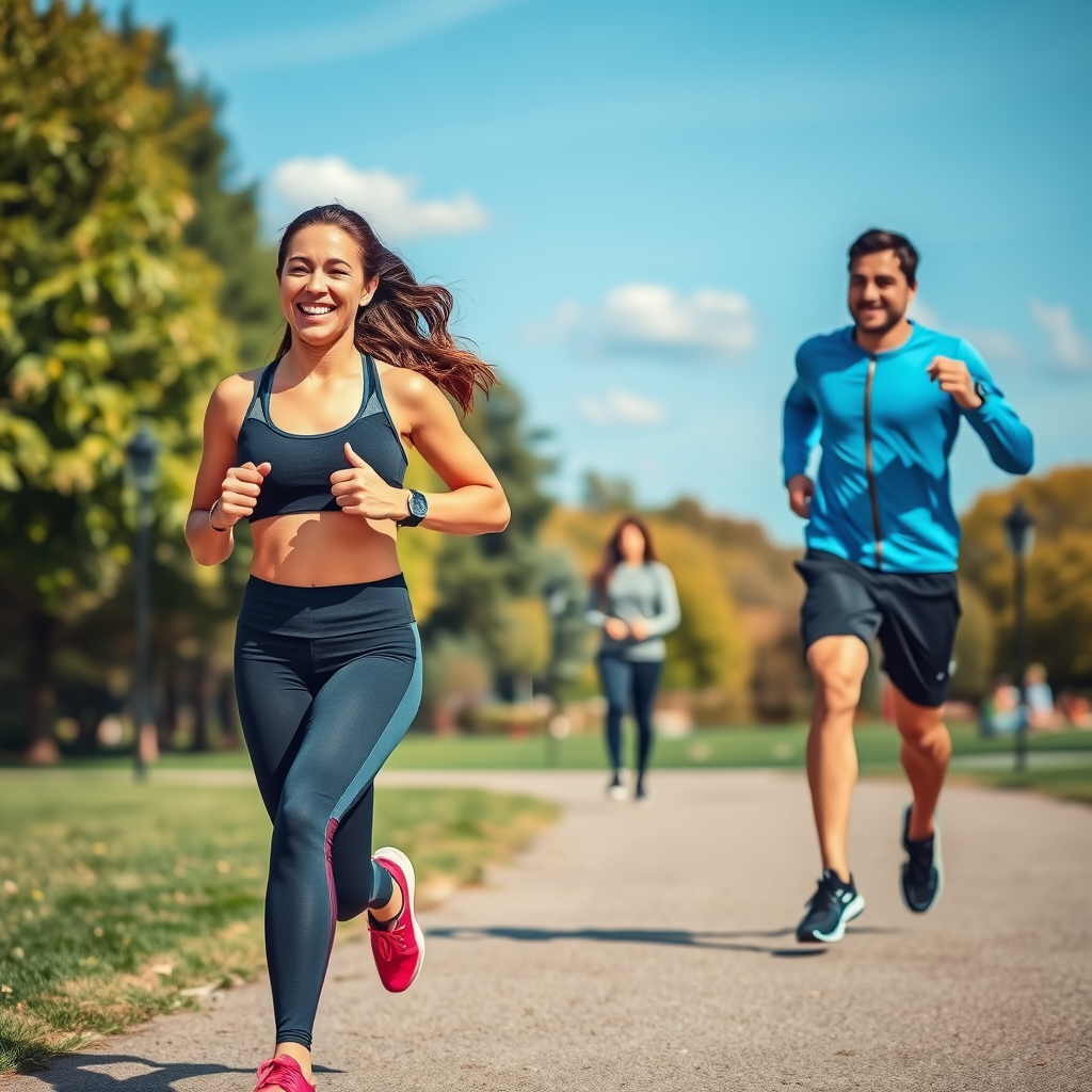 A brunette woman in sporty clothes is jogging in the park with a bright, enthusiastic expression. Nearby, a handsome fitness instructor runs alongside her, giving encouragement. In the background, her partner watches from a distance with a mix of surprise and curiosity. The scene is lively and cheerful, highlighting the woman's newfound passion for fitness and the playful intrigue it creates.