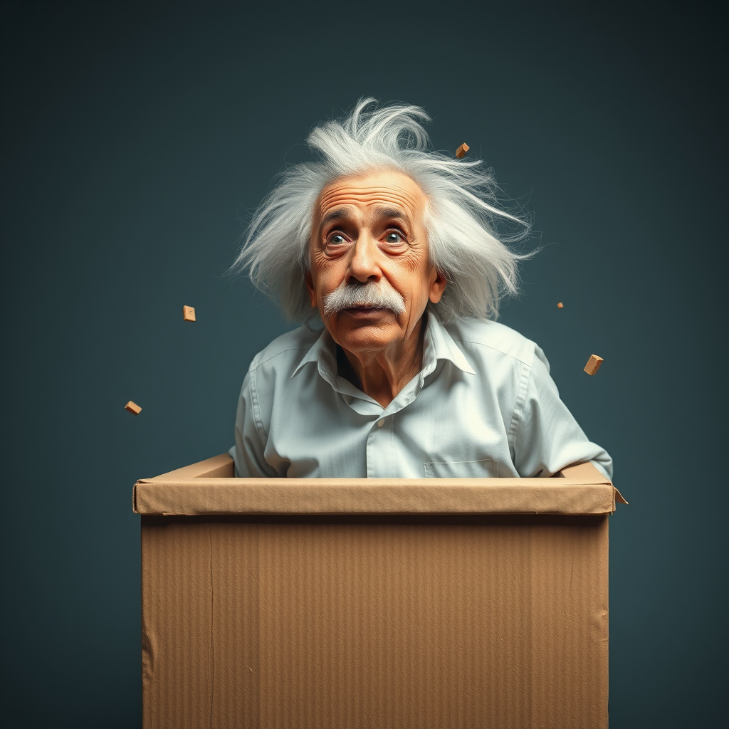 A man who looks like Albert Einstein breaks out of the box, symbolizing freedom of thought.