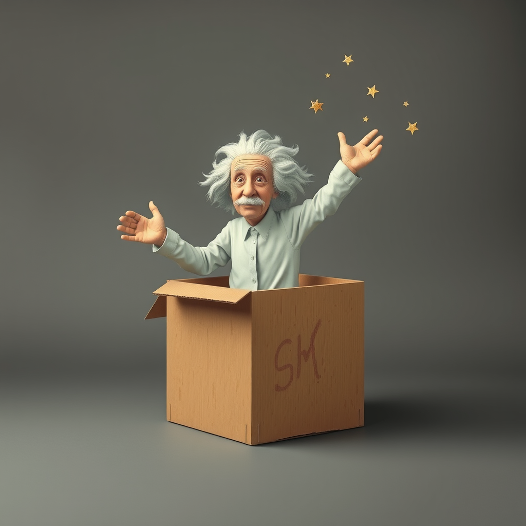 The Einstein-like figure breaking out of a box, symbolizing freedom of thought.
