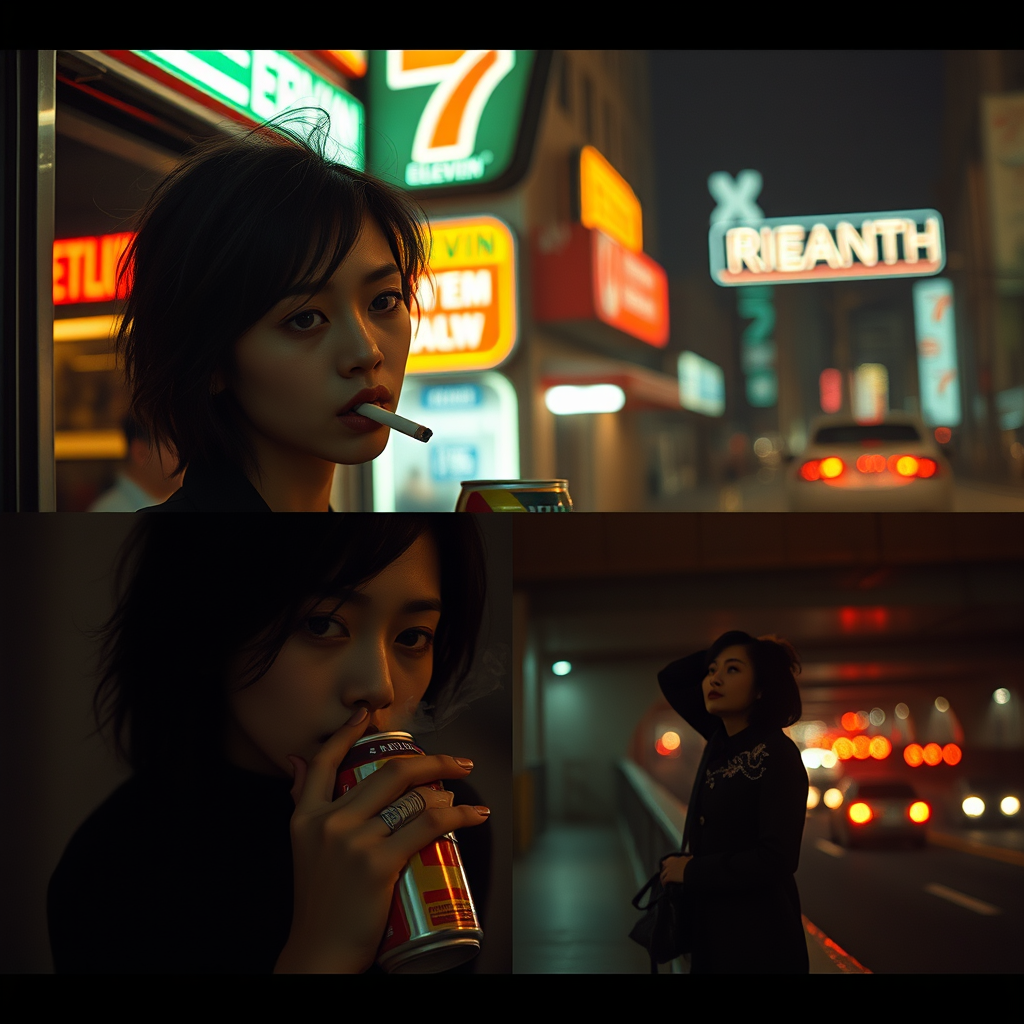 Wong Kar-wai–inspired cinematic triptych of a beautiful woman in the city at night, bathed in moody neon green, amber, and red lights. Film grain, dreamy haze, soft blur, and saturated colors. She has messy comma hair, parted to the side with strands falling across her forehead, creating a slightly disheveled, romantic look. Keep the original face. Top Panel: The woman sits outside a late-night 7-Eleven, neon signs glowing behind her with the text “RIEANTH,” holding a lit cigarette near her lips, her expression contemplative and distant. Middle Panel: She takes a slow sip from a canned beer, gaze unfocused as if lost in thought, neon reflections shimmering across her face. Bottom Panel: She stands alone on a pedestrian overpass bridge at night, exhaling smoke from a cigarette, head tilted back toward the sky, expression weary and melancholic, blurred headlights of the crowd in the distance. Shallow depth of field, intimate close-up framing, nostalgic atmosphere.