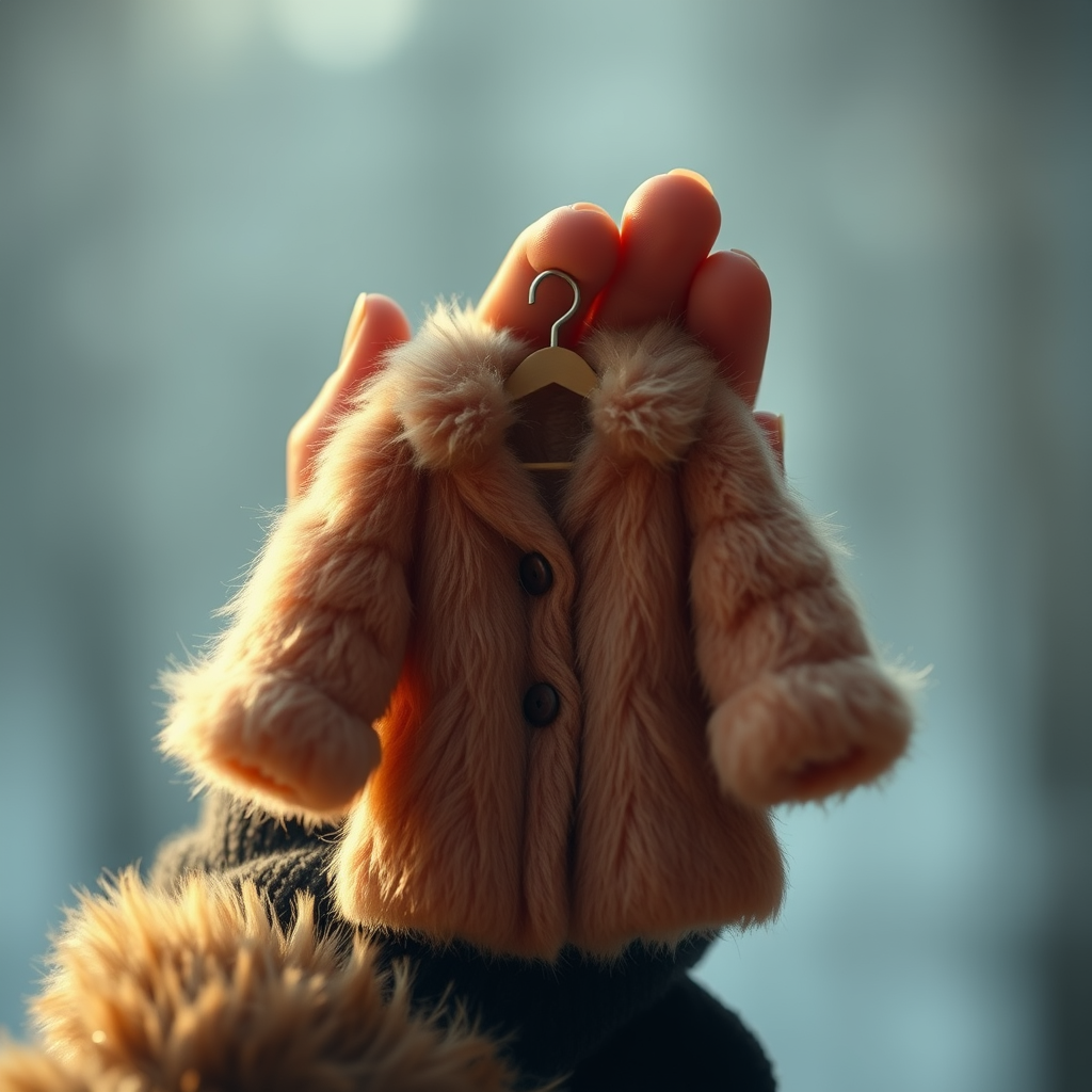 Macro cinematic shot. A large hand holds a miniature fluffy fur coat by a tiny hanger. The coat is fully opened by the fingers, following the same visual framing as the references.