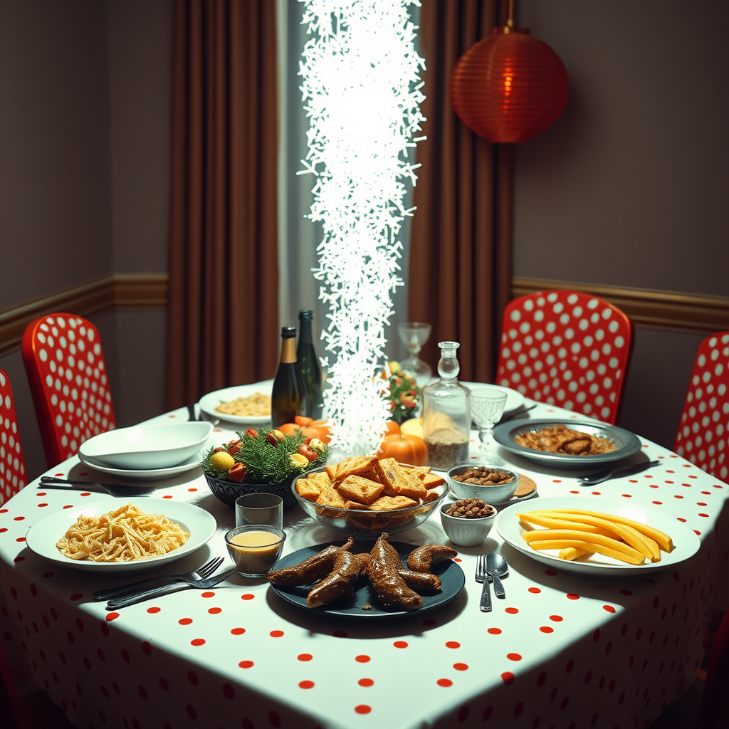 There's a table with food on it, a lot of it, a holiday, New Year's, ultra details, 16K