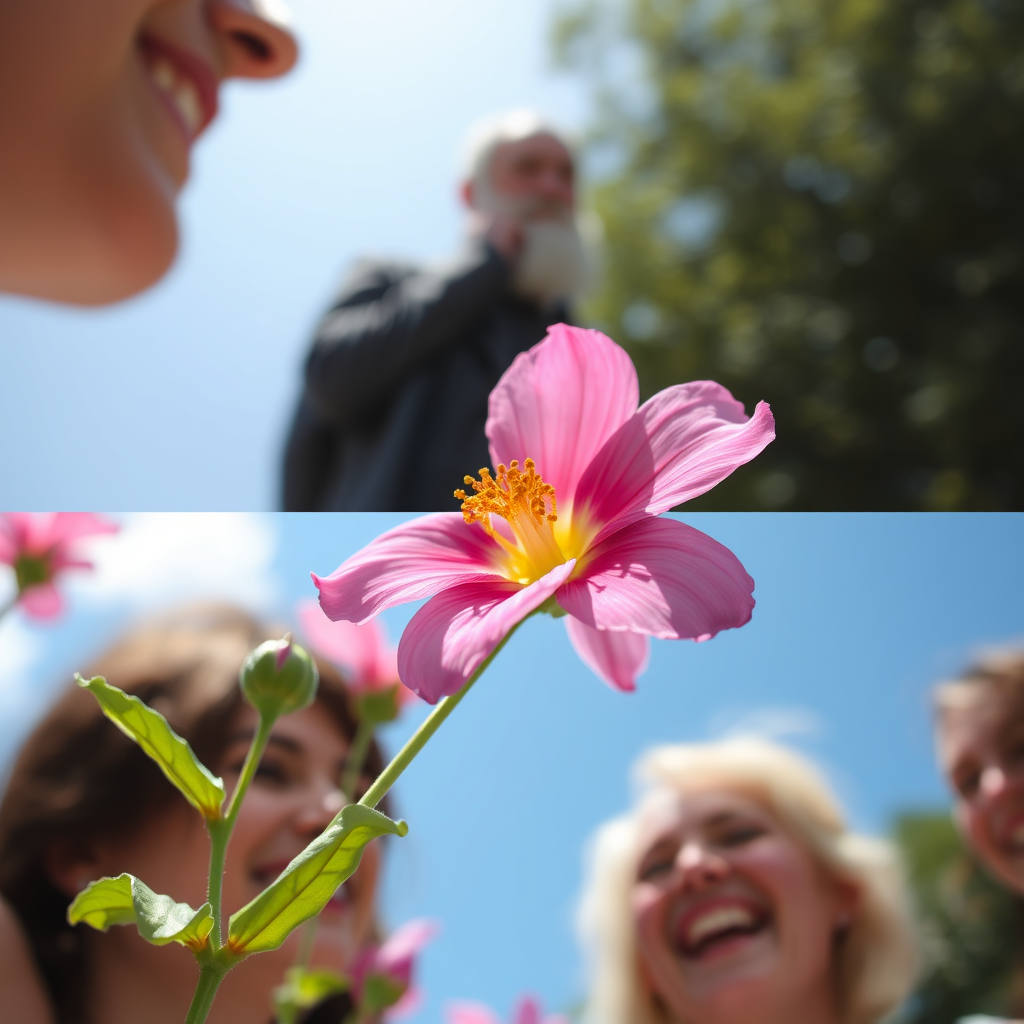 Close-ups of simple pleasures: a blooming flower, a sunny day, friends laughing, with a Dostoevsky-like figure in the background.