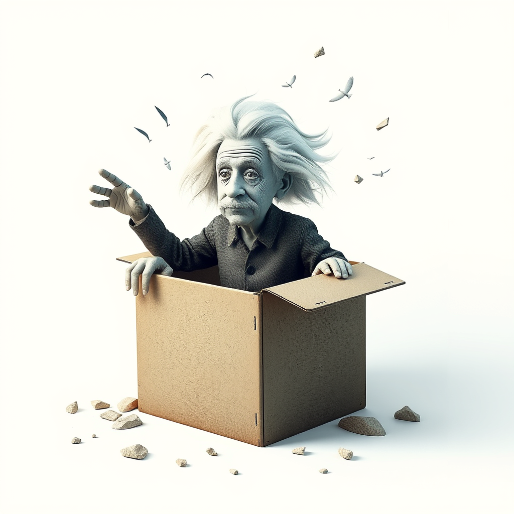 The Einstein-like figure breaking out of a box, symbolizing freedom of thought.