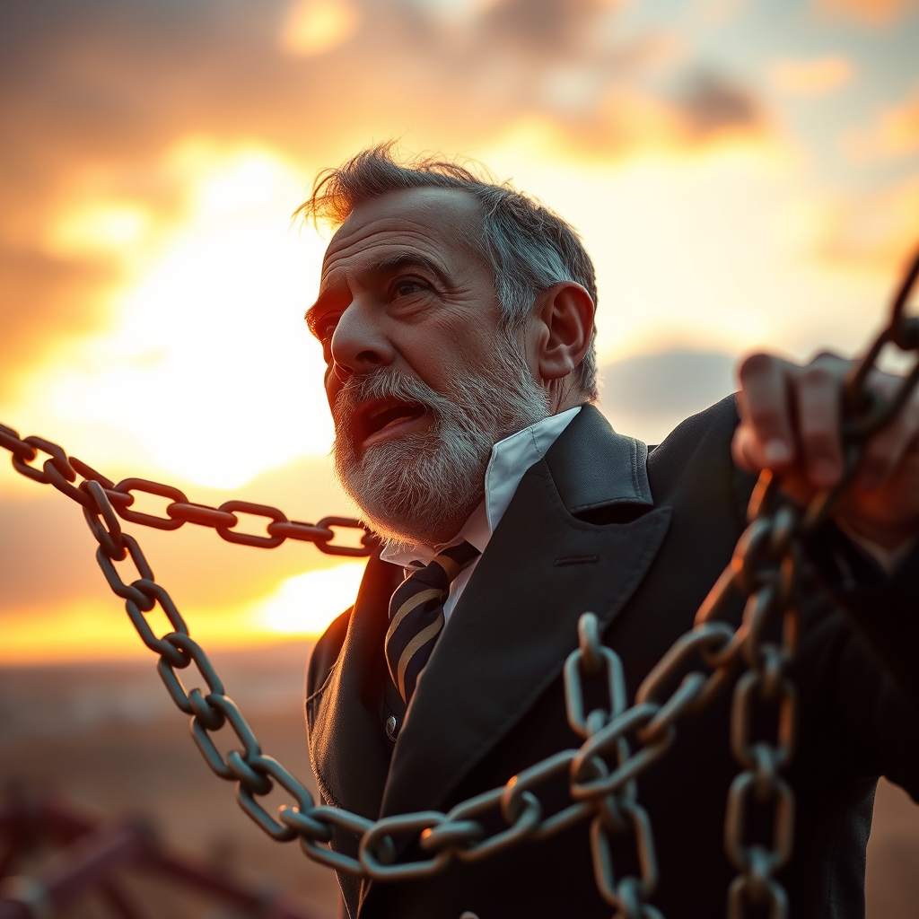 The man resembling Napoleon Hill overcoming obstacles, like breaking chains.