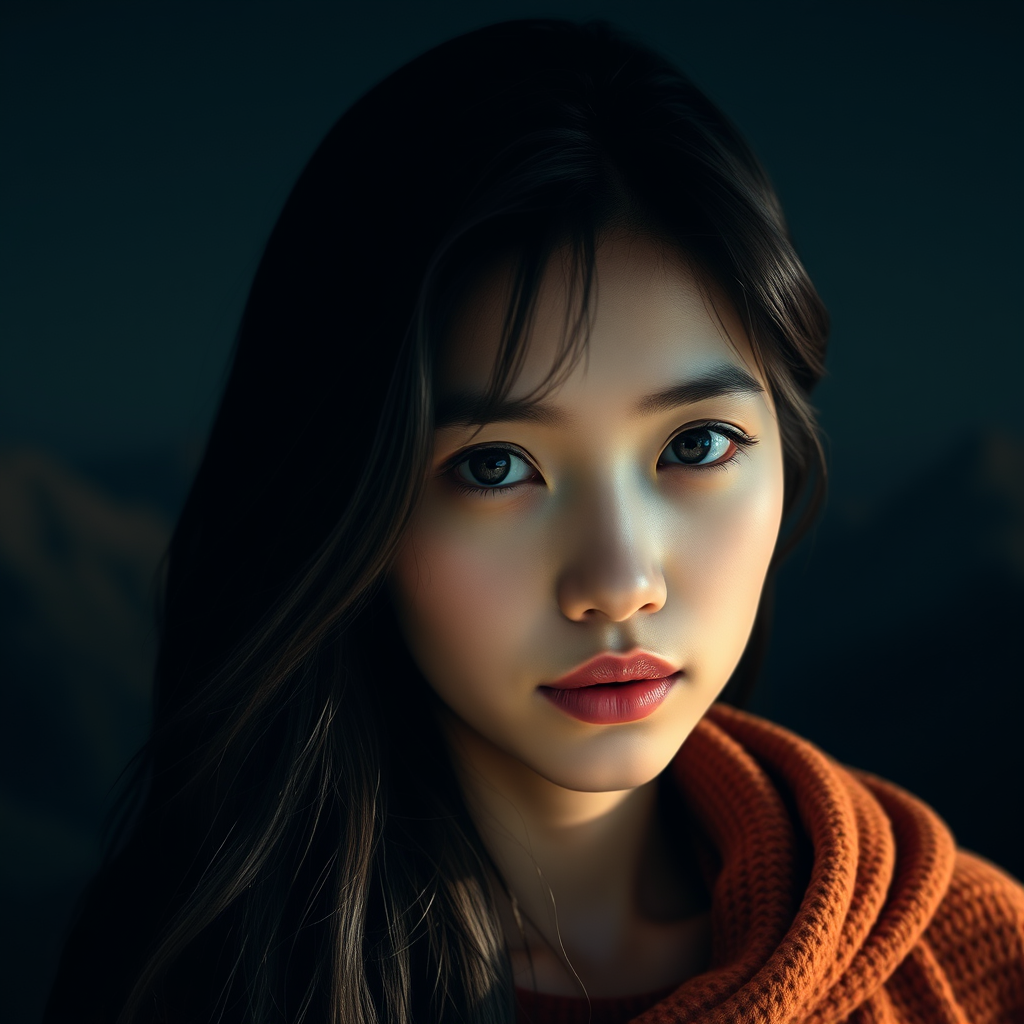 Уoung woman, photorealism, dark hair, centered in the frame, symmetrical face, 50 mm lens, facing camera, dark background, natural light, out of focus mountains in the background, ultra‑details, 16K
