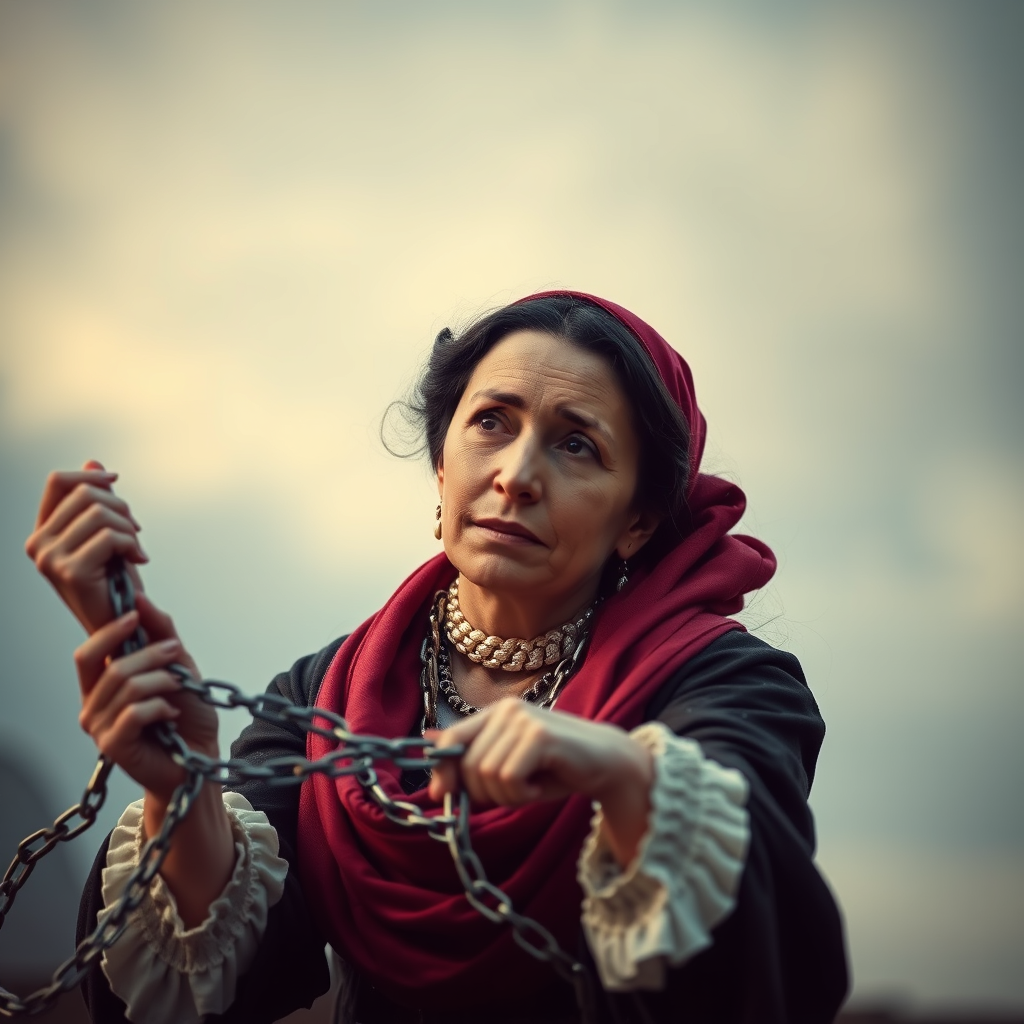 A woman who looks like Florence Nightingale breaks chains, symbolizing freedom.