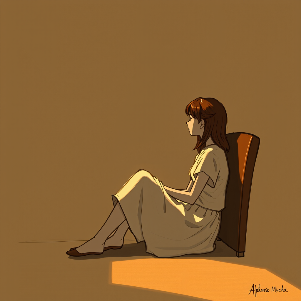 A girl sits alone and wisely reflects on the monotony of life. (drawing without captions)