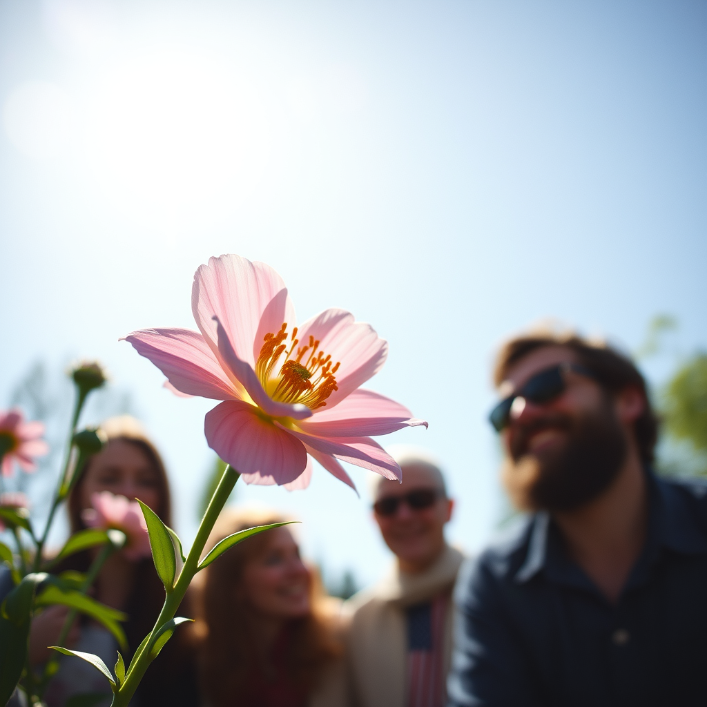 Close-ups of simple pleasures: a blooming flower, a sunny day, friends laughing, with a Dostoevsky-like figure in the background.