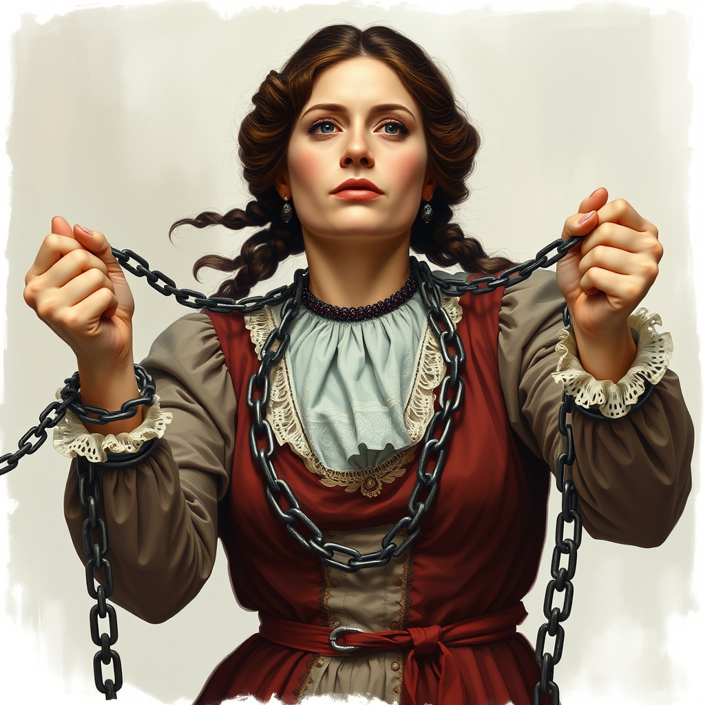 A woman who looks like Florence Nightingale breaks chains, symbolizing freedom.