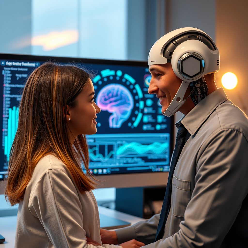 Create a real photo of a girl and an AI employee. The AI ​​employee shows the girl a computer screen with an image of the AI ​​brain
