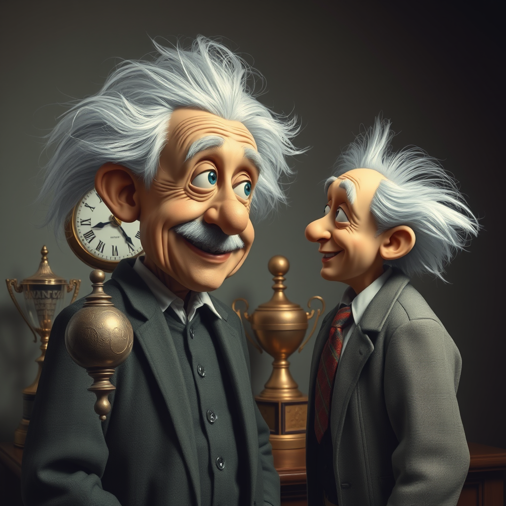 The Einstein-like figure looking at a clock next to fading trophies.