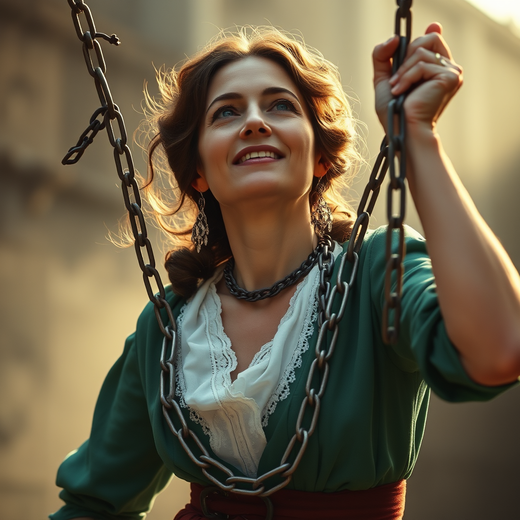 A woman who looks like Florence Nightingale breaks chains, symbolizing freedom.