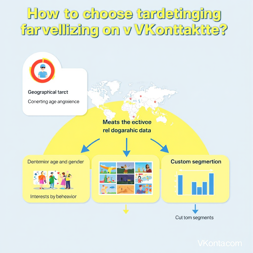 Create a bright and informative illustration on the topic "How to choose targeting for advertising on VKontakte." At the top, place the title: "How to choose targeting for advertising on VKontakte?" in a modern font. In the center of the image, highlight four sections:

Geographical targeting: a map with marked regions, the caption "Determine the location of your audience."

Demographic data: icons of age groups and gender, the text "Consider age and gender."

Interests and behavior: images related to interests (sports, art), with the caption "Set up targeting by interests."

Custom segments: a diagram symbolizing segmentation, with the text "Create your own segments."

The background should be bright, with VKontakte colors (blue and white tones). Add arrows and graphs for visualization.