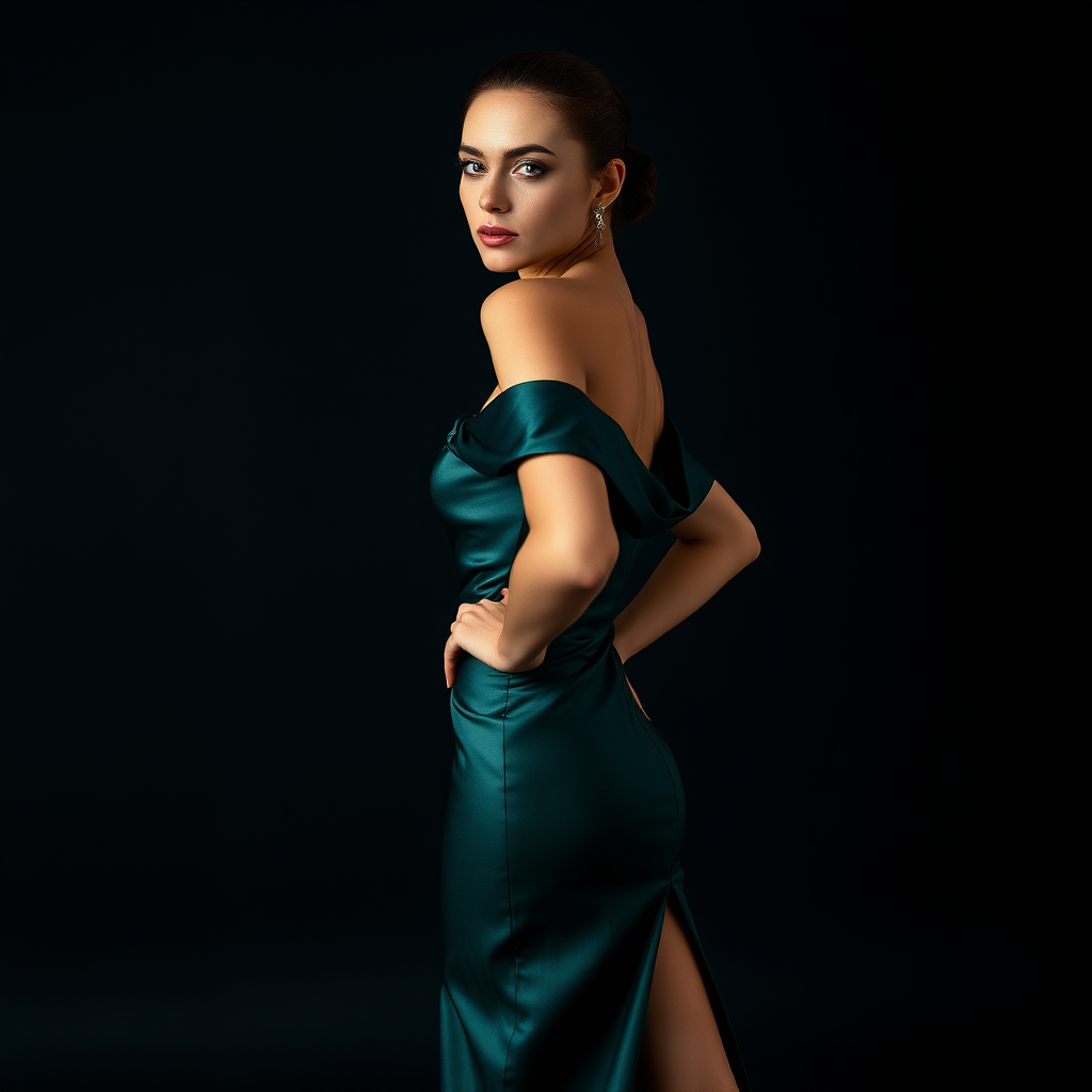 Preserve identity. Premium high-fashion studio portrait. Pose: standing half-turned, one arm on hip, chin slightly lifted, sweeping gaze over shoulder. Outfit: elegant off-the-shoulder dark emerald satin evening dress, floor-length, deep slit. Minimalist black background. Strong dramatic split lighting, intense contrast, deep shadows. Highly detailed skin texture, raw pores. Shot on Hasselblad, 85mm.