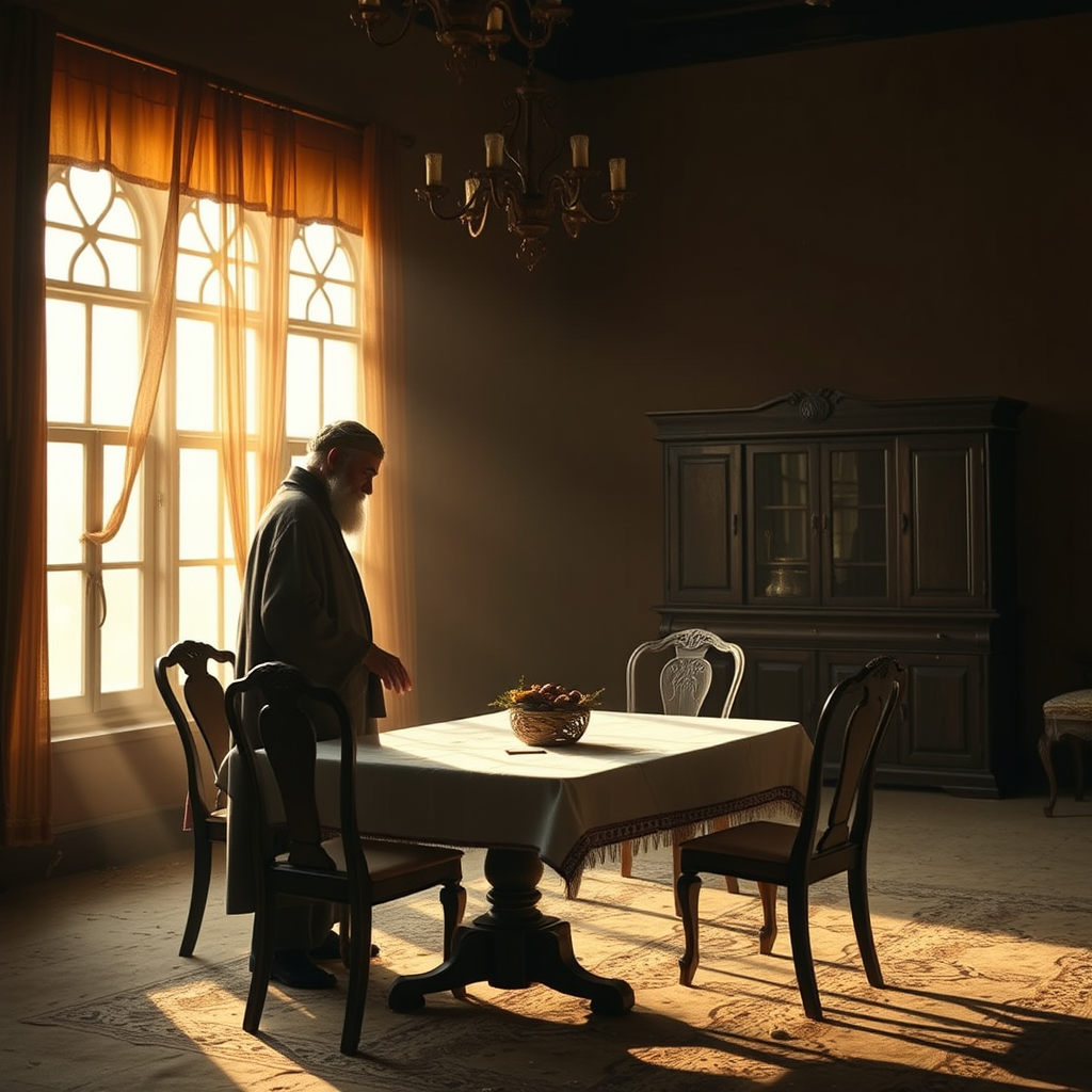 An old poet resembling Omar Khayyam  stands in a dusty dining hall, touching a deserted table.