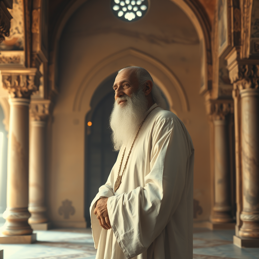 An old poet resembling Omar Khayyam, standing in a mysterious old palace.The poet is dressed in white and looks at me. He is smiling.