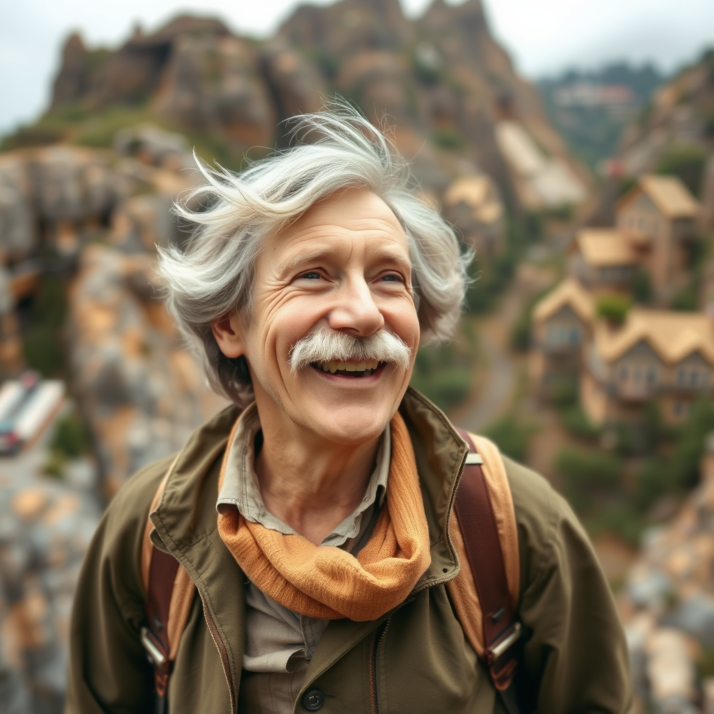 The Twain-like figure joyfully discovering new locations, smiling.