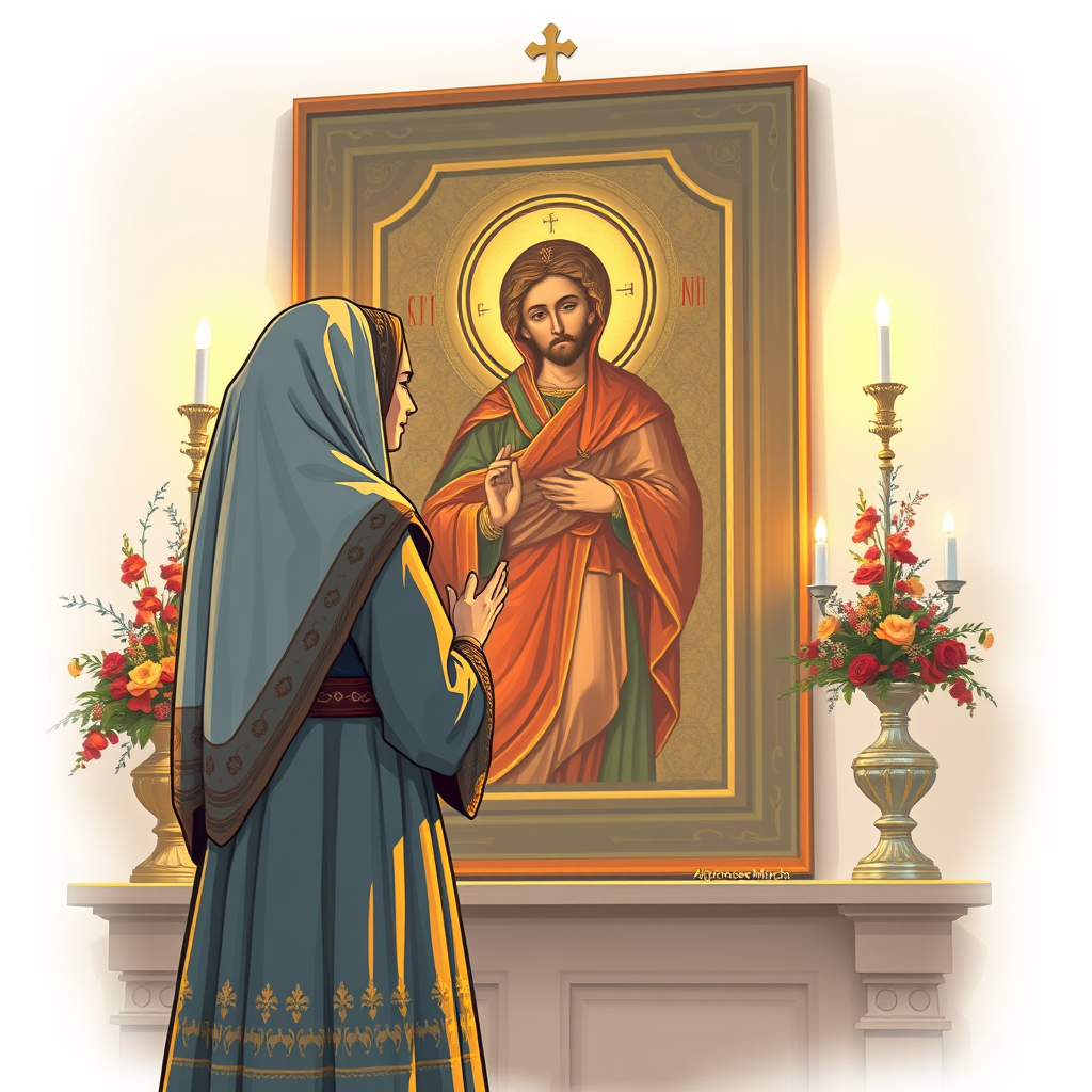 Make a drawing of a Russian woman standing before the Icon, thanking God for everything he has done for her and for the fact that he is with her!