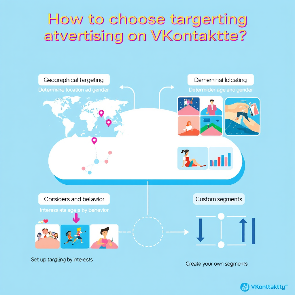 Create a bright and informative illustration on the topic "How to choose targeting for advertising on VKontakte." At the top, place the title: "How to choose targeting for advertising on VKontakte?" in a modern font. In the center of the image, highlight four sections:
Geographical targeting: a map with marked regions, the caption "Determine the location of your audience."
Demographic data: icons of age groups and gender, the text "Consider age and gender."
Interests and behavior: images related to interests (sports, art), with the caption "Set up targeting by interests."
Custom segments: a diagram symbolizing segmentation, with the text "Create your own segments."
The background should be bright, with VKontakte colors (blue and white tones). Add arrows and graphs for visualization.