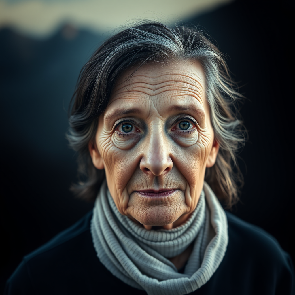 Old woman, photorealism, dark hair, centered in the frame, symmetrical face, 50 mm lens, facing camera, dark background, natural light, out of focus mountains in the background, ultra‑details, 16K