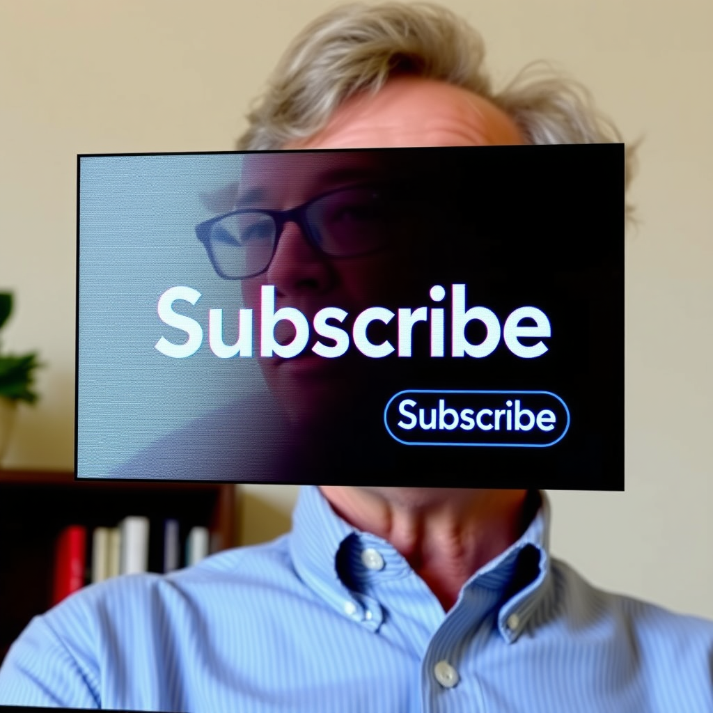 The Subscribe button is on the screen next to a man who looks like Woody Allen.