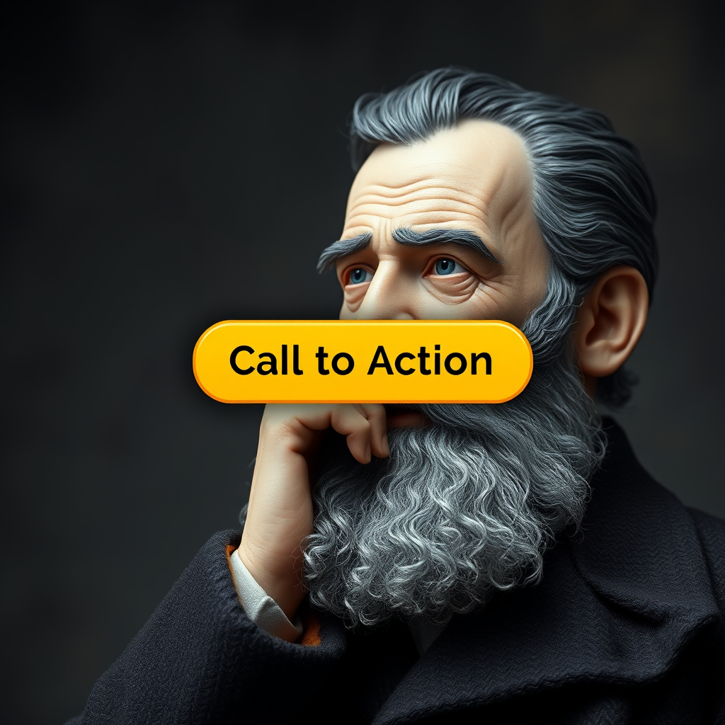 A call-to-action button appearing on the screen near the Dostoevsky-like figure.