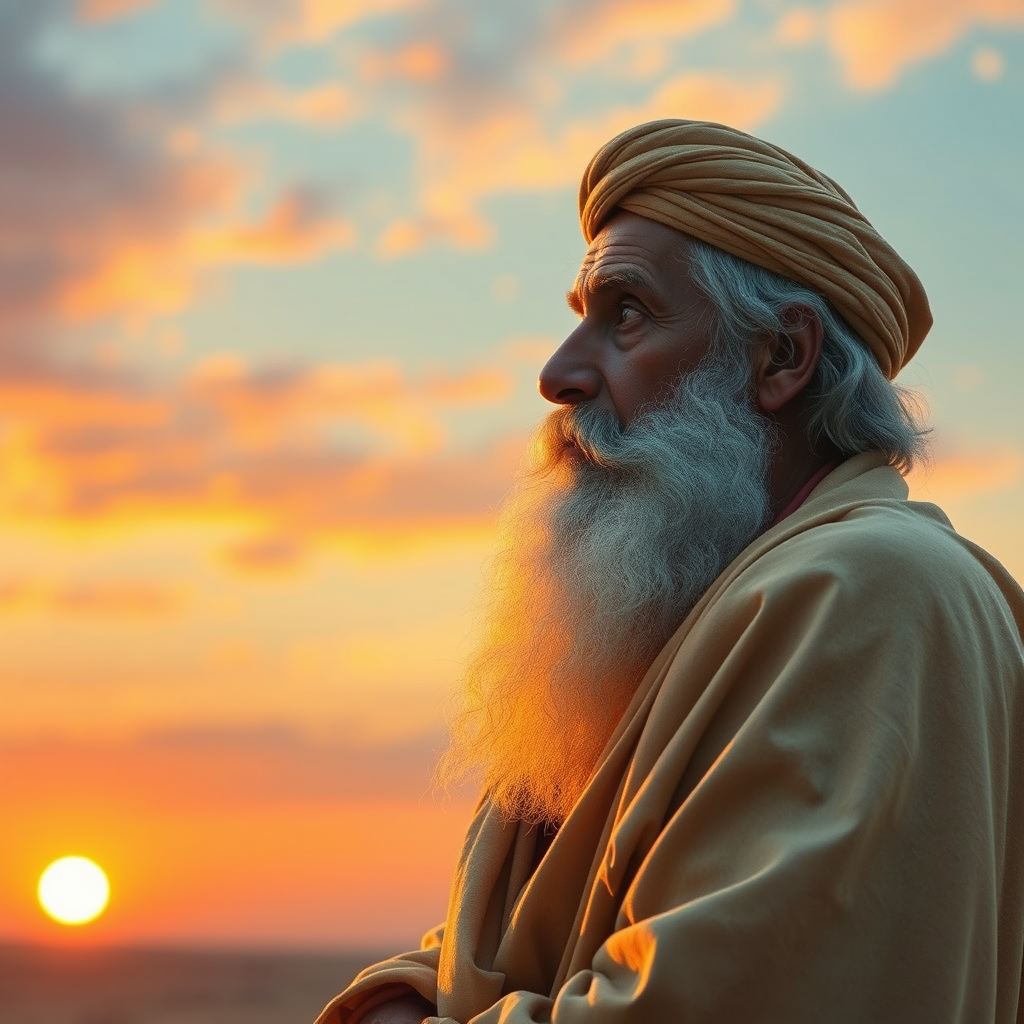 An old Arabic poet resembling Omar Khayyam, looking thoughtful while gazing at a sunset.